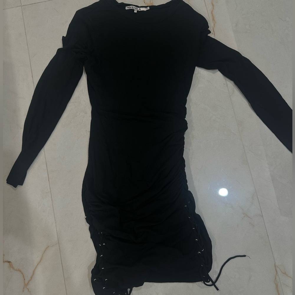 Pam & Gela Black Long Sleeve Ruched Lace-Up Dress